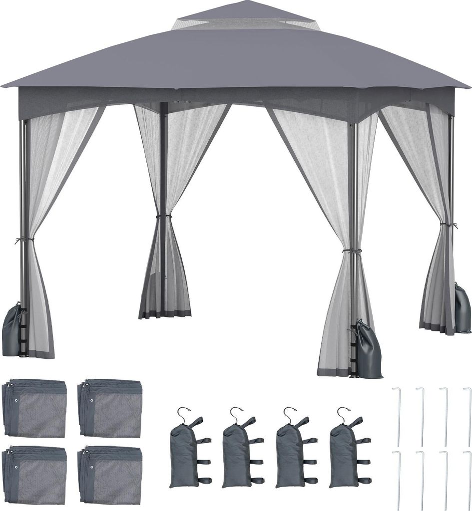 A gray gazebo with mosquito netting and accessories laid out below.