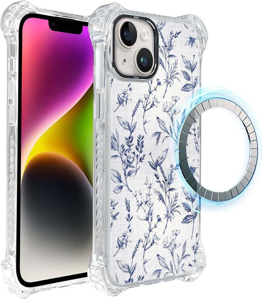 Schutzhülle für das iPhone 14 Plus, MagSafe-kompatibel, verstärkte Ecken, transparente Seiten, Tintenblumen