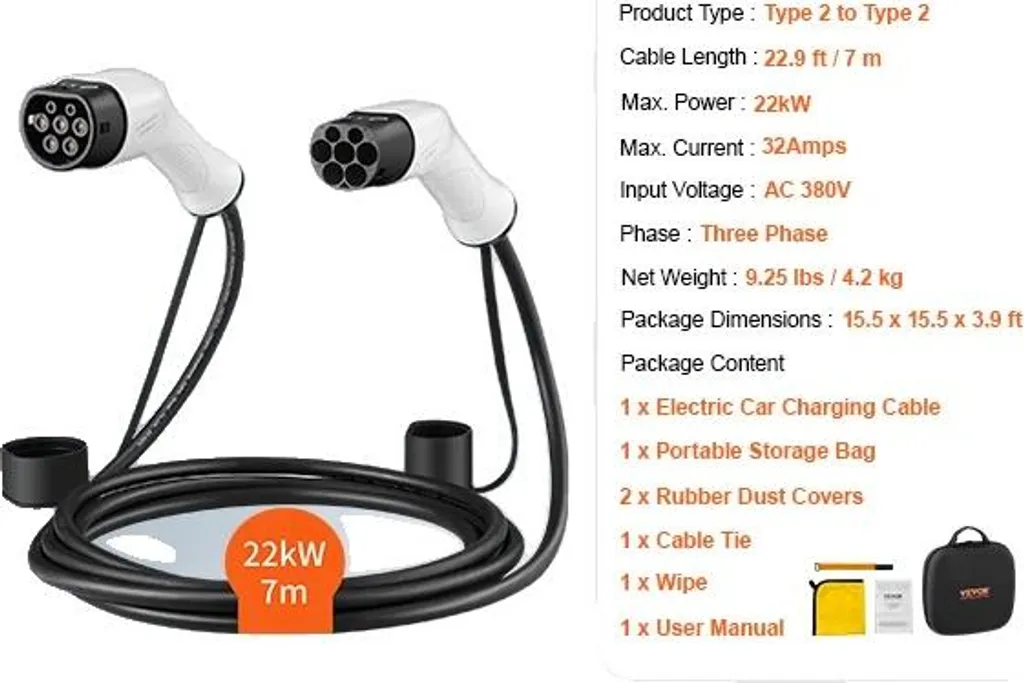 Câble de recharge Type 2 long 7 mètres pour recharge rapide 22kW 32A T2