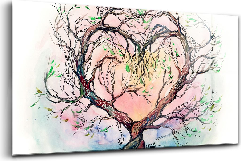 120x60 - Glasbilder - Bilder auf Wandbild - Foto auf Glas - Aquarell Illustration Baum Liebe Natur