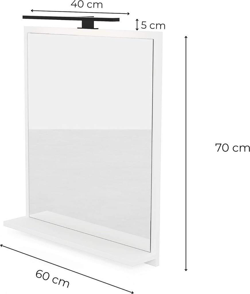 A white rectangular bathroom mirror with a shelf and a black LED light bar mounted on top, with dimensions indicated.