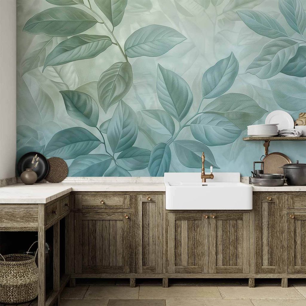 Vlies Fototapete - Large Leaves in Shades of Green-Mint: Botanical Motif 200x140 cm Muster b-H-10013-a-a