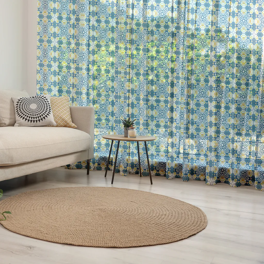 ABAKUHAUS Arazzo Azulejo, motivo portoghese con piastrelle in ceramica e arabeschi etnici ottomani, tessuto in raso setoso per soggiorno e camera da letto, 135 cm x 274 cm, arancione pallido e blu petrolio - 2