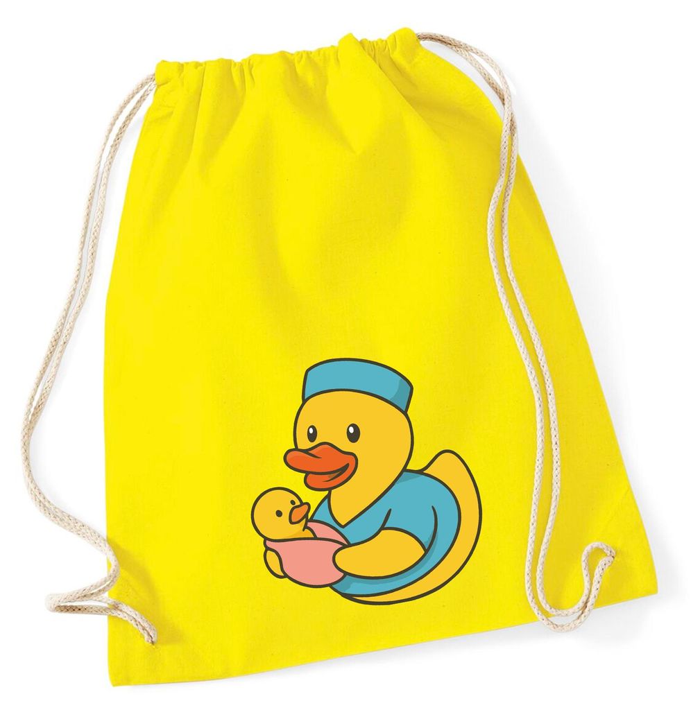 Huuraa Turnbeutel Quietscheente Hebamme Comic Gummiente 12 Liter Yellow Baumwolle Rucksack Geschenkidee