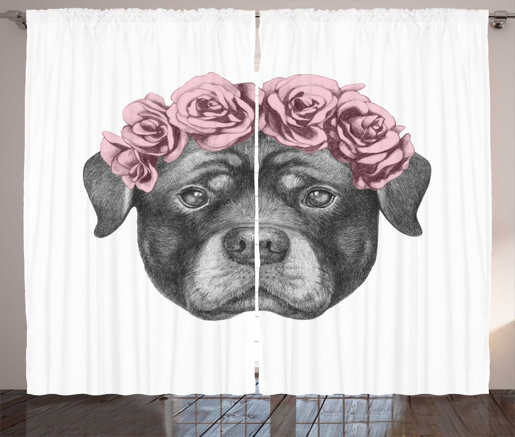 ABAKUHAUS Rottweiler Rustikaler Gardine, Portrait von Hund in Roses, Schlafzimmer Kräuselband Vorhang mit Schlaufen und Haken, 280 x 175 cm, Grau ...