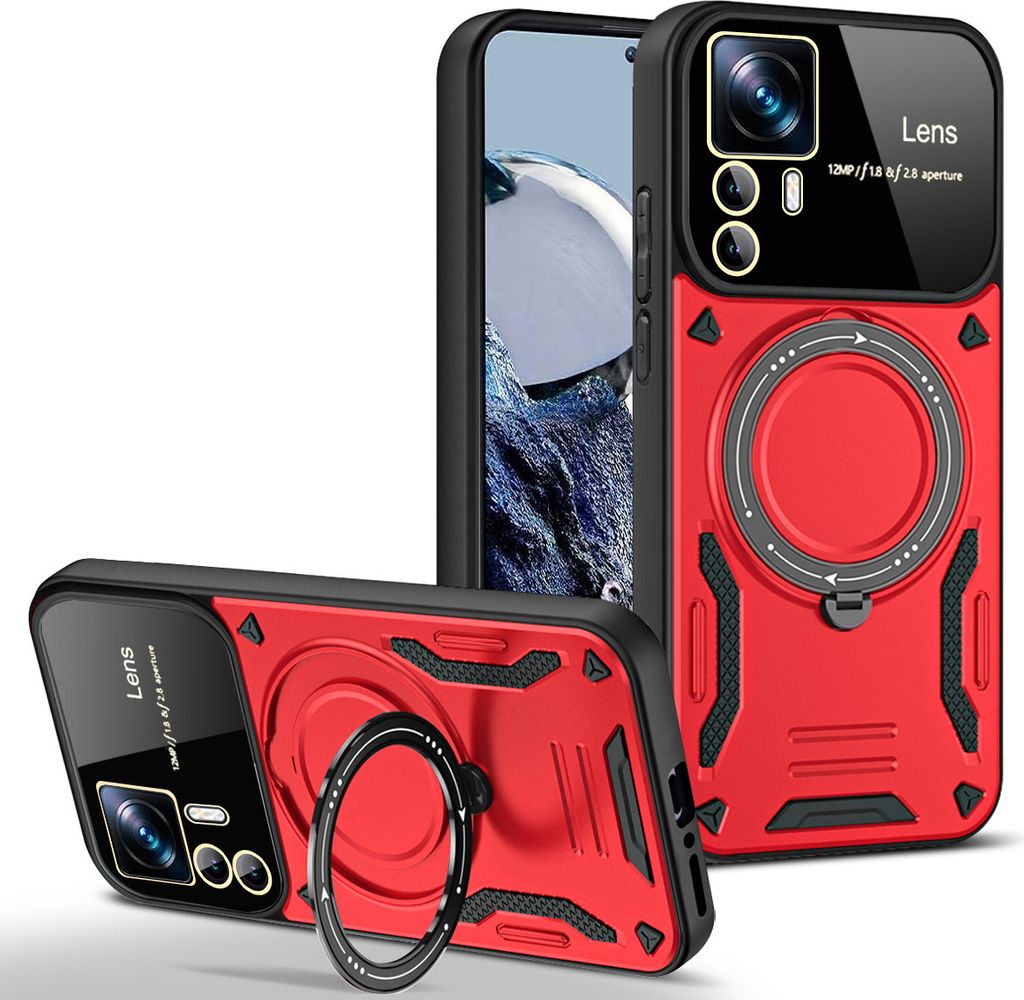 Rüstung Handyhülle für Xiaomi 12T / 12T Pro Dual-Layer Ringhalter Ständer Hülle Rot