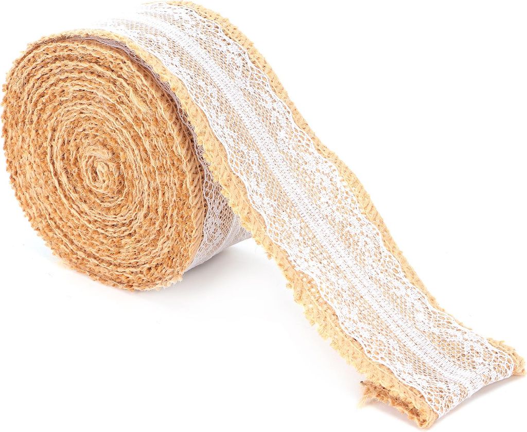 Sackleinenband mit weißer Spitze, natürliche Juterolle für DIY-Dekoration, Geschenkverpackung, 5 Yards, 5 cm Mitte