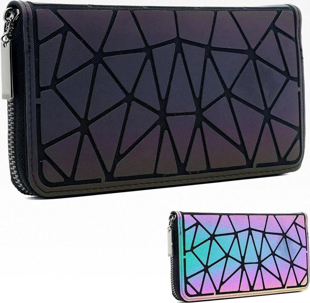 Geometrische leuchtende Brieftasche für Frauen mit holographischem, reflektierendem Reißverschluss und mehreren Fächern