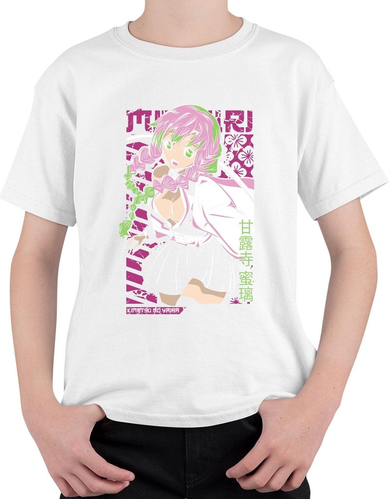 Mitsuri Kanroji Kimetsu no Yaiba kawaii rosa grün Haar Uni Kinder T-Shirt, Weiß, 152