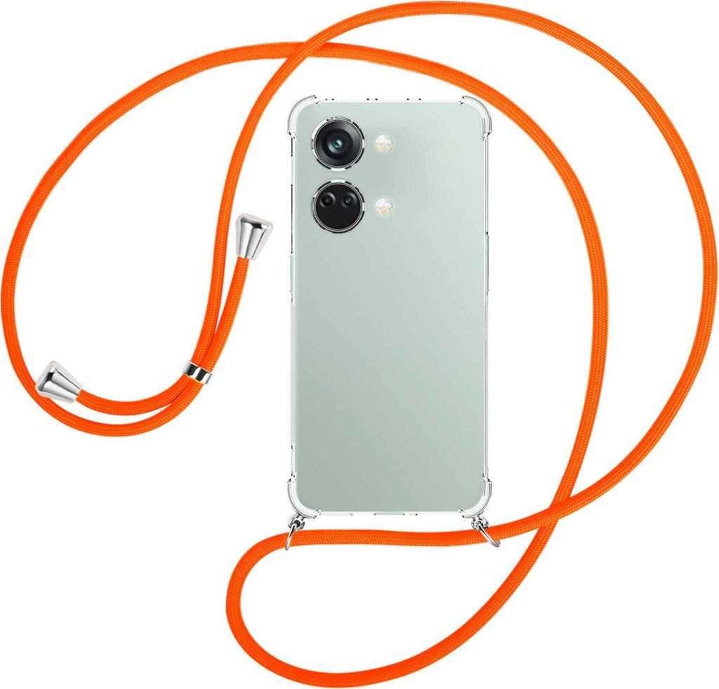 Handykette Backcover-Schutzhülle mit Band (Metall silberfarben) für OnePlus Nord 3 (CPH2491) - neonorange