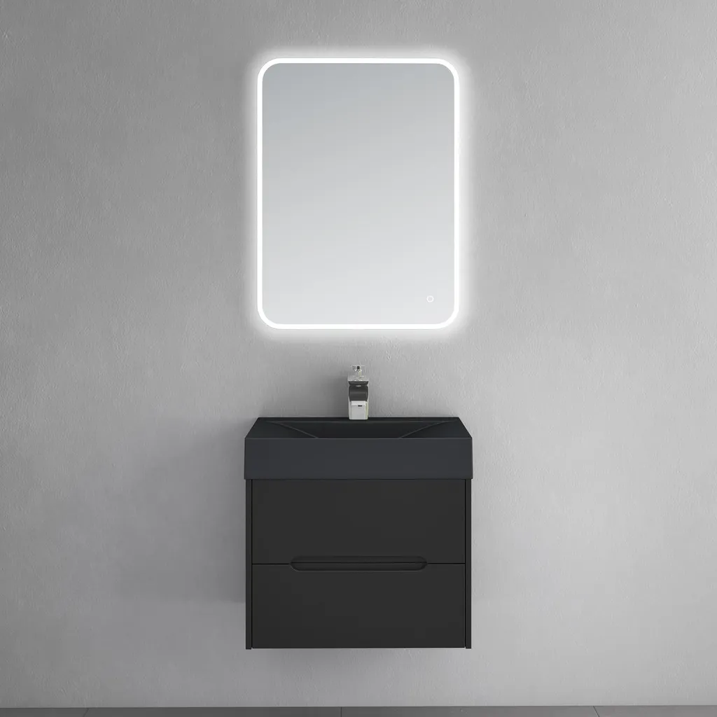 Meuble de salle de bain suspendu noir mat 60cm anti-trace avec miroir