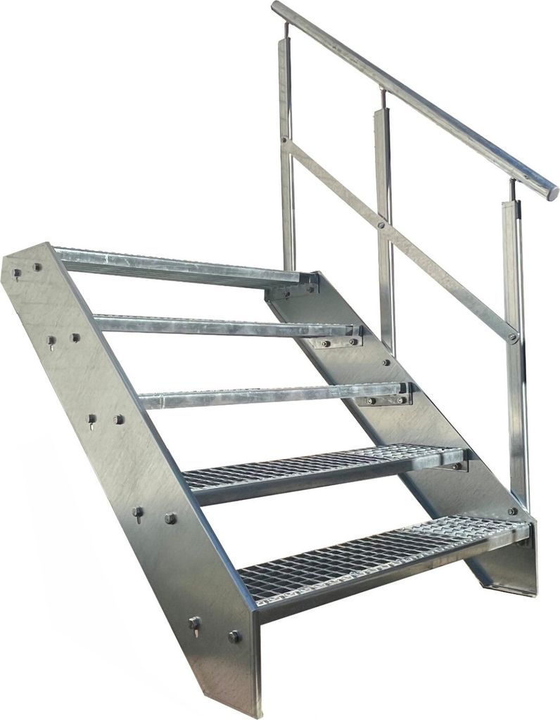 Gitterrost Stahl Wangentreppe 5 Stufen Verzinkt + Geländer Rechts - (L x B x H) 101cm x 60cm x 95cm
