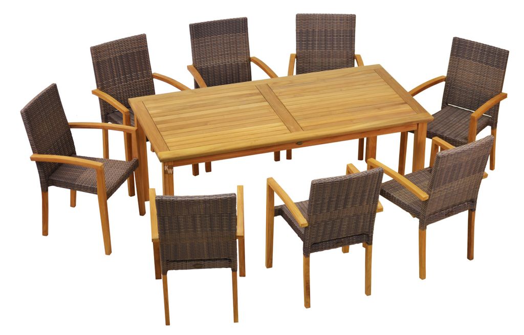 Garten-Essgruppen Exklusive Teak Sitzgruppe aus 8 Stapelstühlen und 1 Tisch 180 x 90 cm Teak-Gartenmöbel Set mit modernem Materialmix
