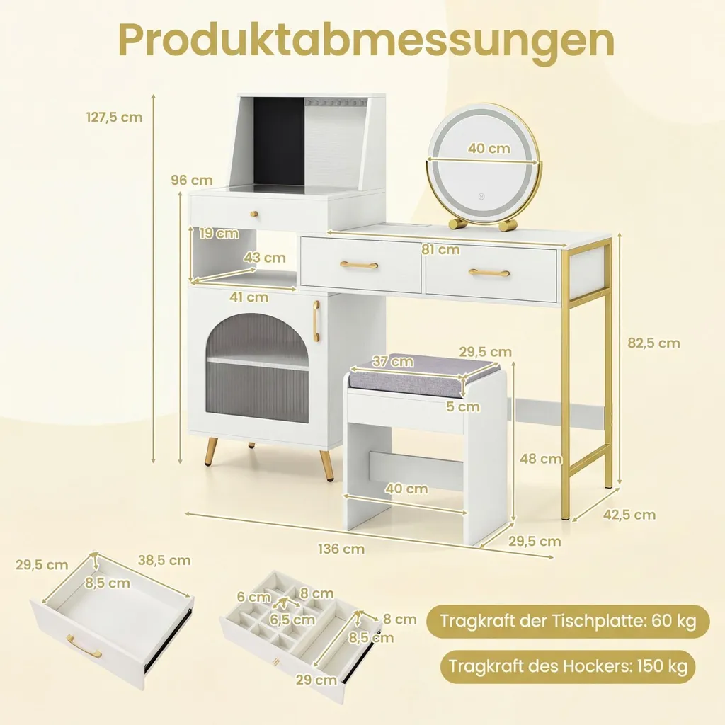 Coiffeuse avec Tabouret COSTWAY Miroir LED et Prises de Courant Intégrées - 3