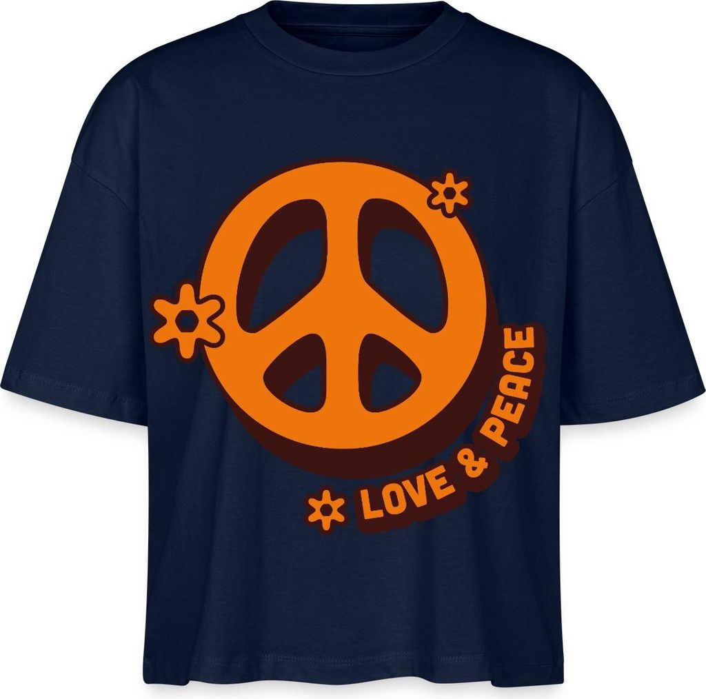 Spreadshirt Love And Peace Retro Hippie Style Design Y2K Boxy Shirt Damen, S, Navy
