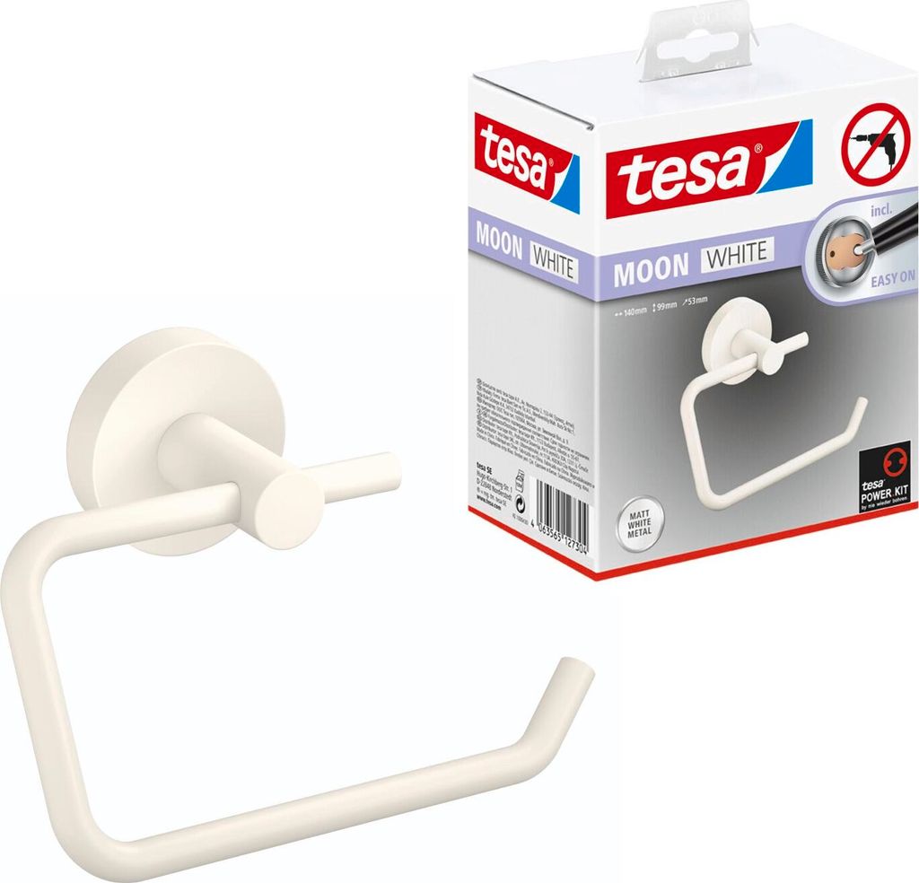 tesa Toilettenpapierhalter ohne Bohren weiß matt für die Wand - MOON WHITE