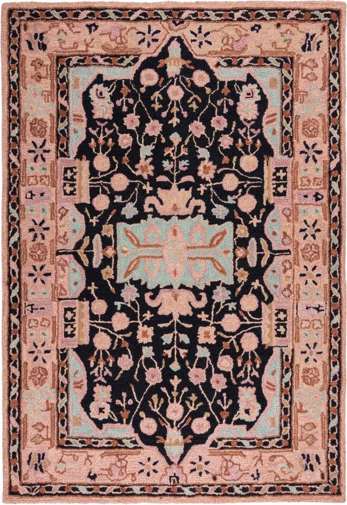 Tapis Laine Bouclée Blossom Rose et Noir 120x170 Texture Haut de Gamme