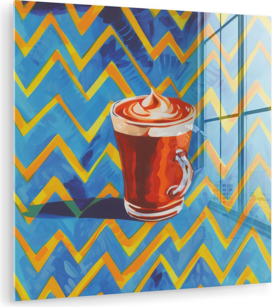 MuchoWow Glasbilder - Bilder auf Wandbild - Foto auf Glas Becher - Kaffee - Zickzack - Schlagsahne 90x90 cm Wanddekoration aus Glas - Acrylglasbild...