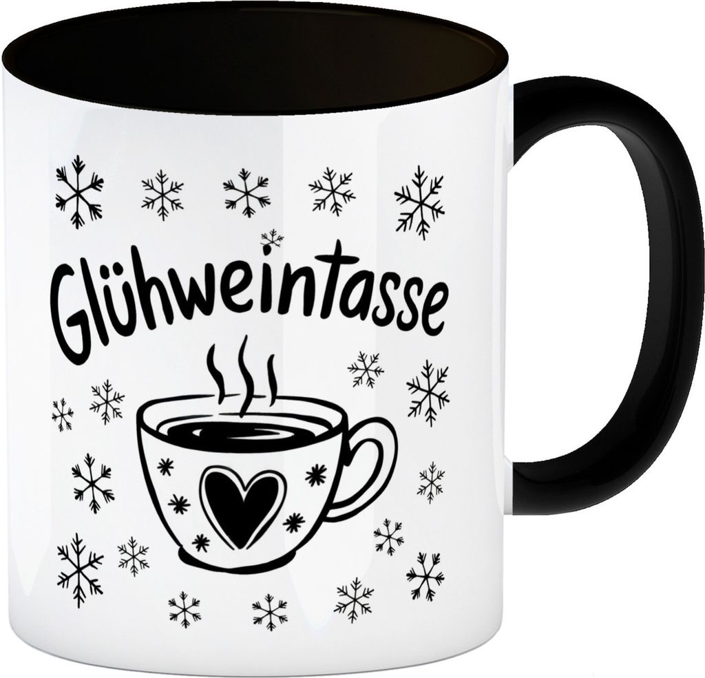 Herzdesign Glühweintasse Kaffeebecher in schwarz mit Schneeflocken