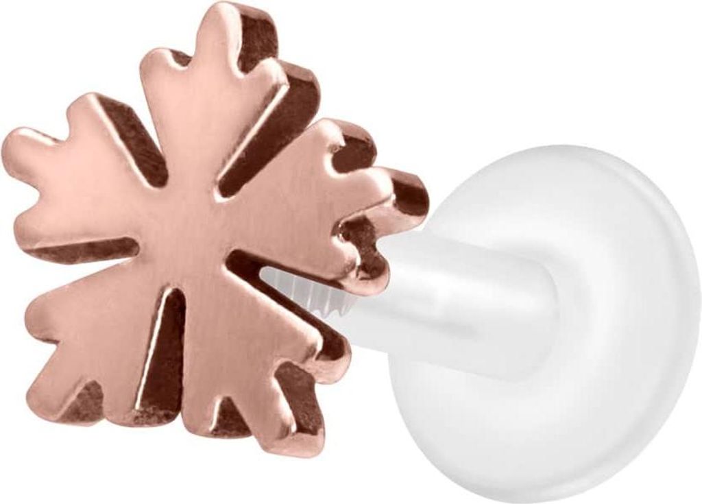 Ohrpiercing, Nasenpiercing PTFE Labret mit Innengewinde + Titan-Aufsatz SCHNEEFLOCKE RoséGold Stablänge: 8mm | Stabstärke: 1,6mm