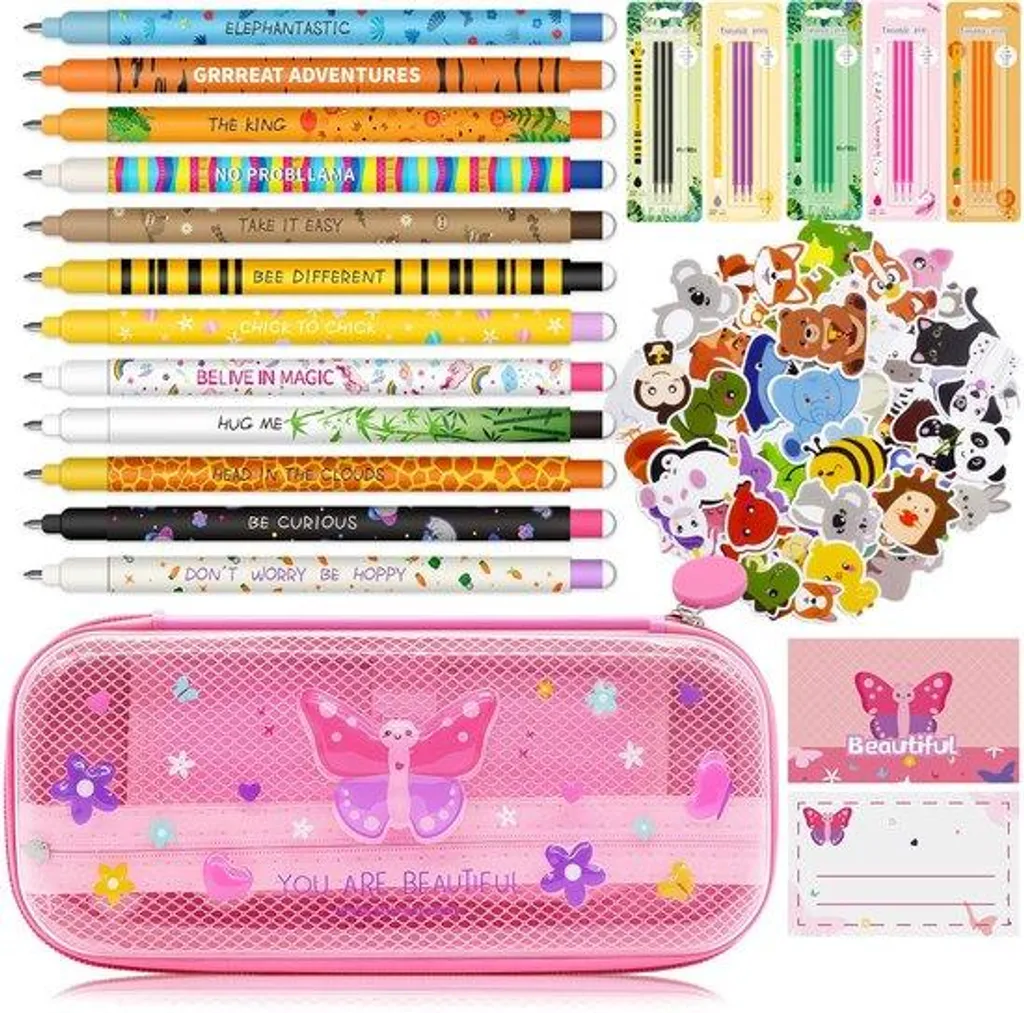 Trousse scolaire à 2 compartiments motif Papillon Rose - Modèle Lina 23cm