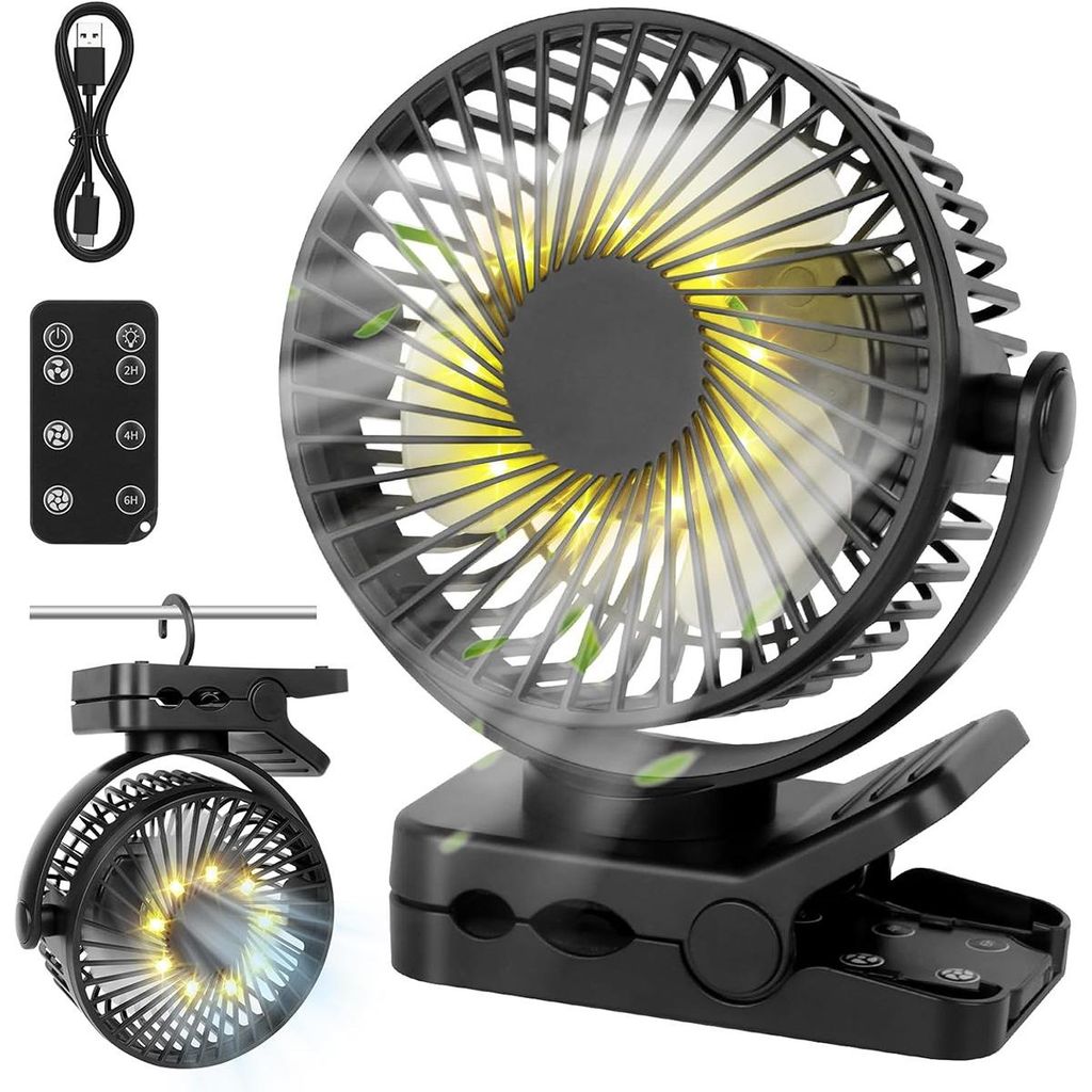 6-Zoll Tischventilator mit Klemme, 12000mAh Akku, 3 Stufen, LED, Timer 2/4/6h, 360° Drehung, Fernbedienung, leise, vielseitig einsetzbar