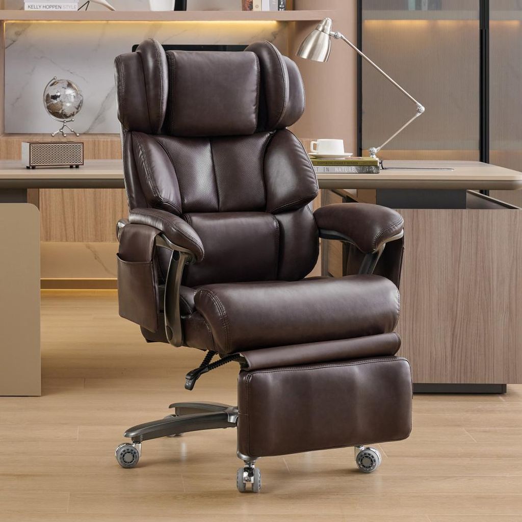 XXL Ergonomischer Bürostuhl mit Massage, Heizung, Kunstleder, Fußstütze, 150kg, Braun