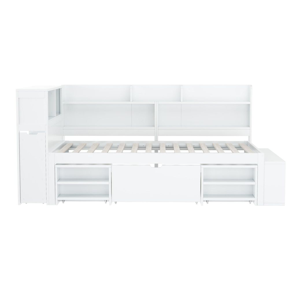 Merax Kinderbett 90x200 mit Schubladen, Bücherregal und Produktbild 