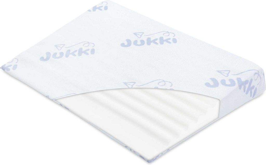A white mattress topper with a light blue pattern and logo.