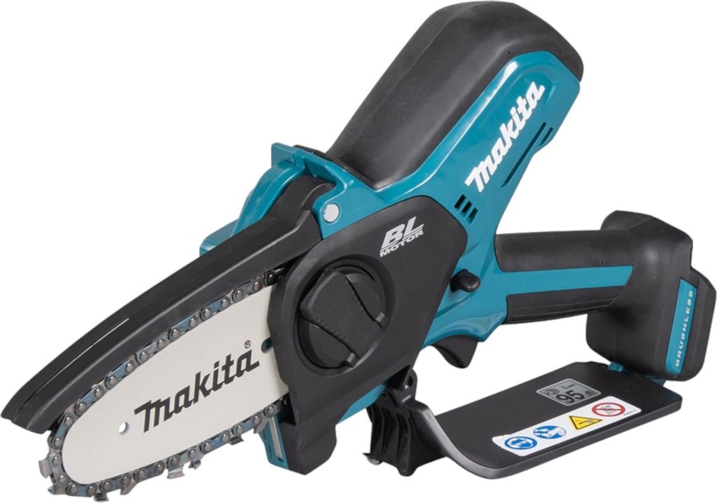 A close-up studio shot of a cordless chainsaw.