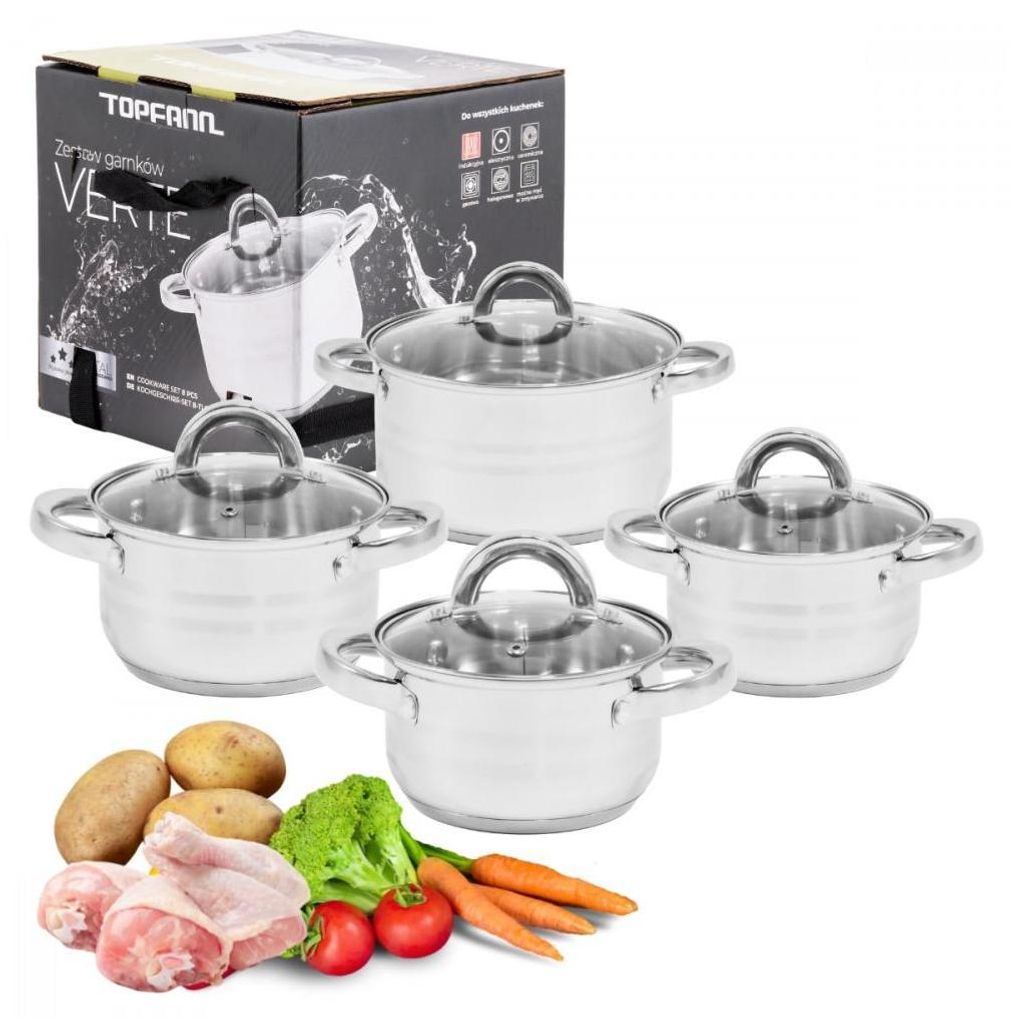 A set of stainless steel pots with glass lids, alongside raw ingredients like chicken, potatoes, carrots, and lettuce, suggesting a cooking context. A product box is also visible.