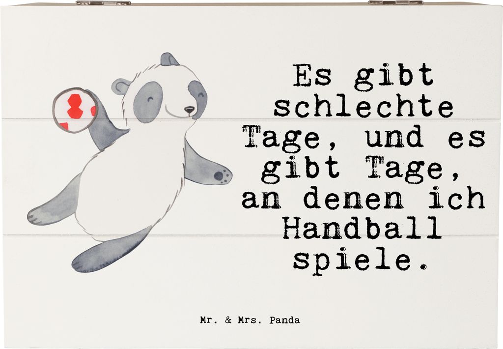 Mr. & Mrs. Panda Holzkiste Panda Handball spielen 22 x 15 cm - Weiß - Geschenk, Kiste mit Deckel, Holztruhe, Verein, Box, Turnier, fotobox, Club