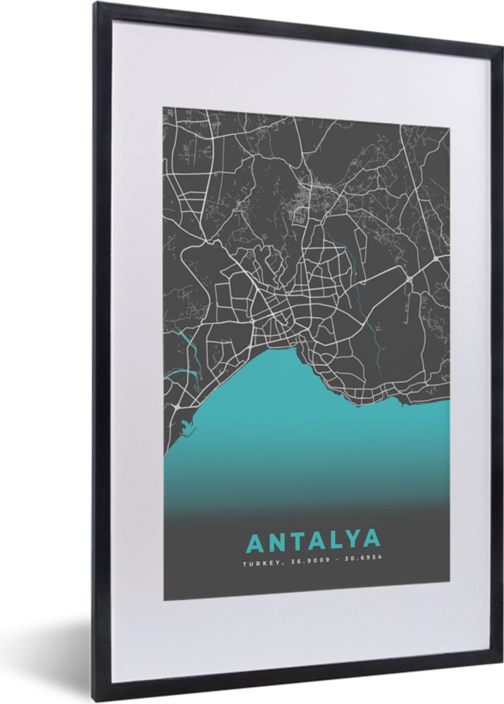MuchoWow Gerahmtes Poster Antalya - Stadtplan - Karte - Blau 40x60 cm - Poster mit Schwarzem Bilderrahmen Wandposter Rahmen Foto Bilder - Poster ...
