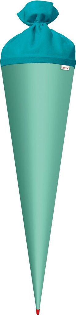 A mint green school cone with a turquoise fabric closure.