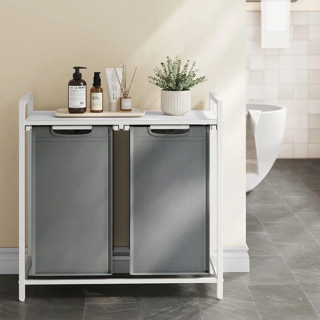 Panier à linge gain de place 2 compartiments blanc gris H71 cm robuste - 4