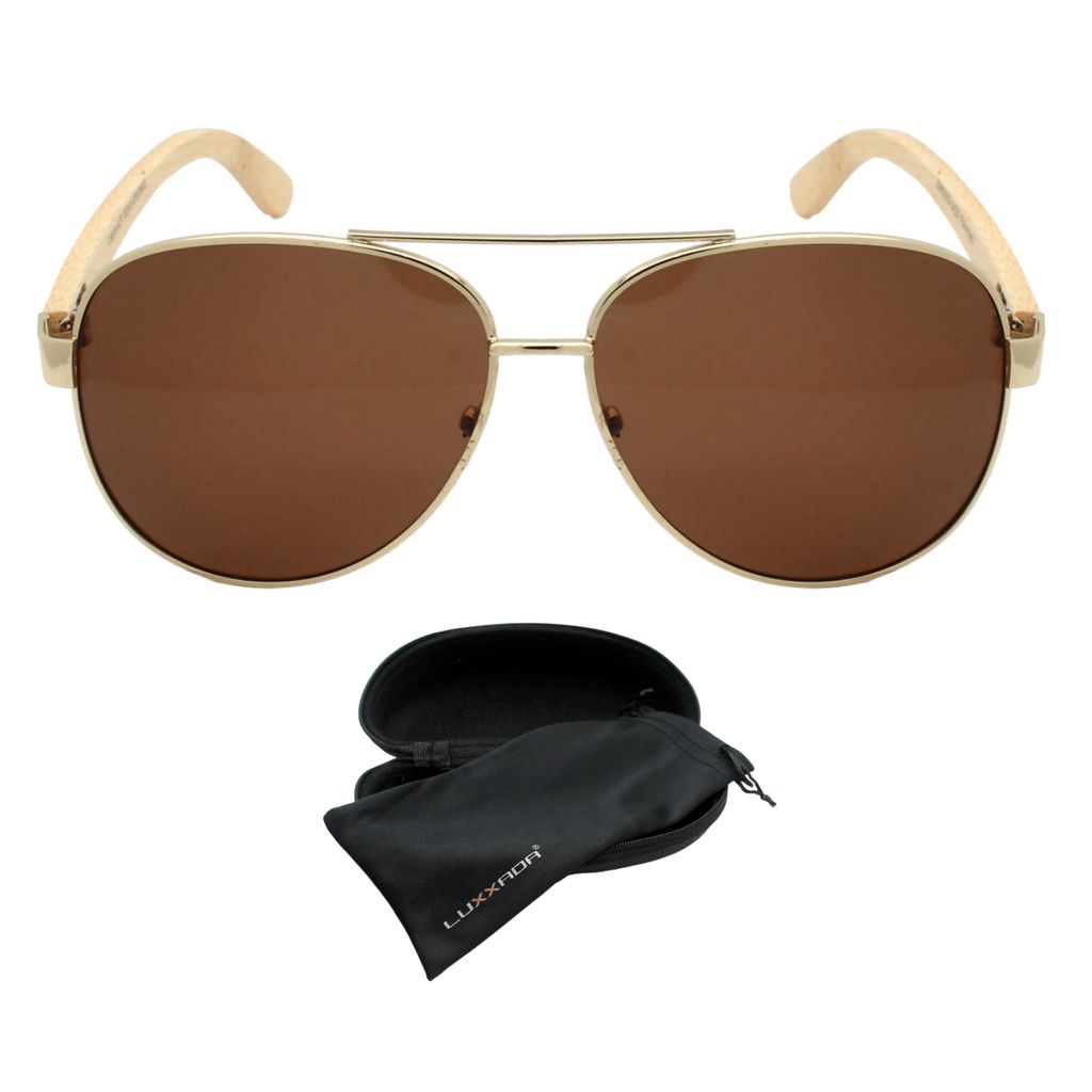 Luxxada Pilotenbrille Polarisiert Braun Getönt Echt Holz Bambus Bügel Hochwertige Piloten Sonnenbrille Gold mit Hardcase