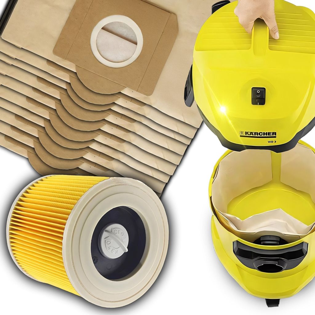 A collage of vacuum cleaner accessories, including dust bags, a filter, and a vacuum cleaner body.
