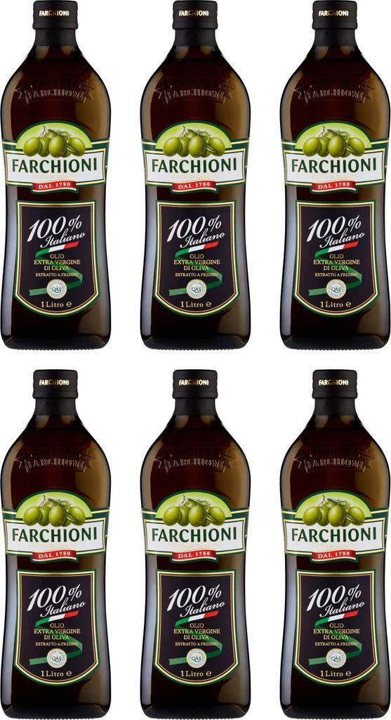 6x Farchioni Olio Extra Vergine di Oliva 100% Italiano Natives Olivenöl extra mit Italienische Oliven 1Lt kalte Extraktion Speiseöl