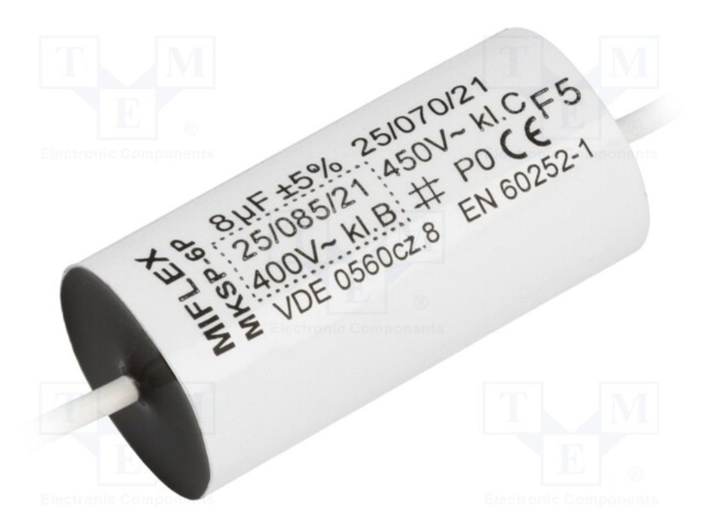 1x Kondensator: für Motoren, Betrieb 450VAC Ø21x47mm 8uF 5% P-6P 8UF 450V B Kond