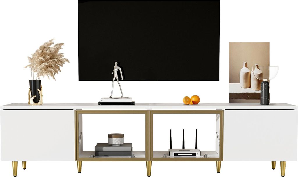 Fortuna Lai 170 cm TV-Schrank, weiß, freistehend und wandmontiert, 4 Glastüren, perfekt für Ihr Wohnzimmer