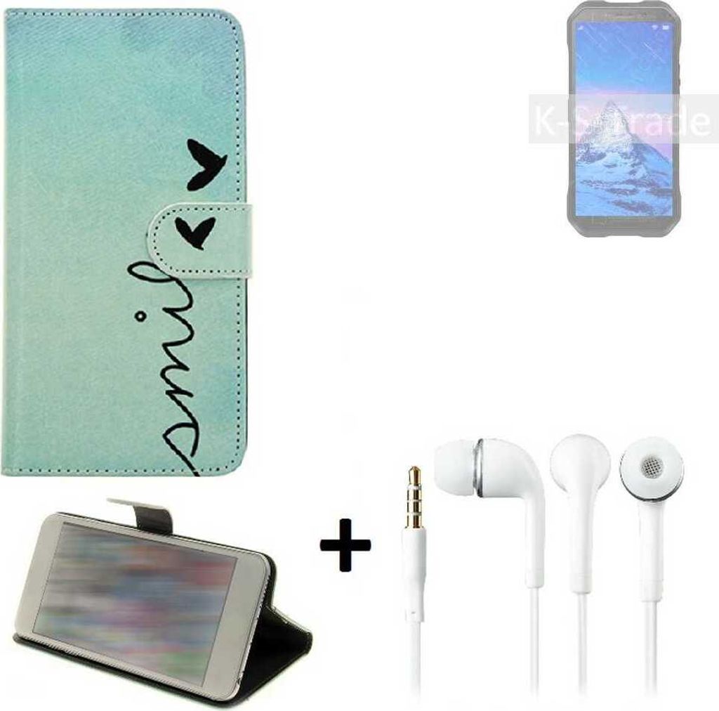 K-S-Trade Schutz Hülle Handy Hülle kompatibel mit Doogee S61 Pro 360° Wallet Case Schutz Hülle ''smile'' inkl. Ohrstöpsel Smartphone cover