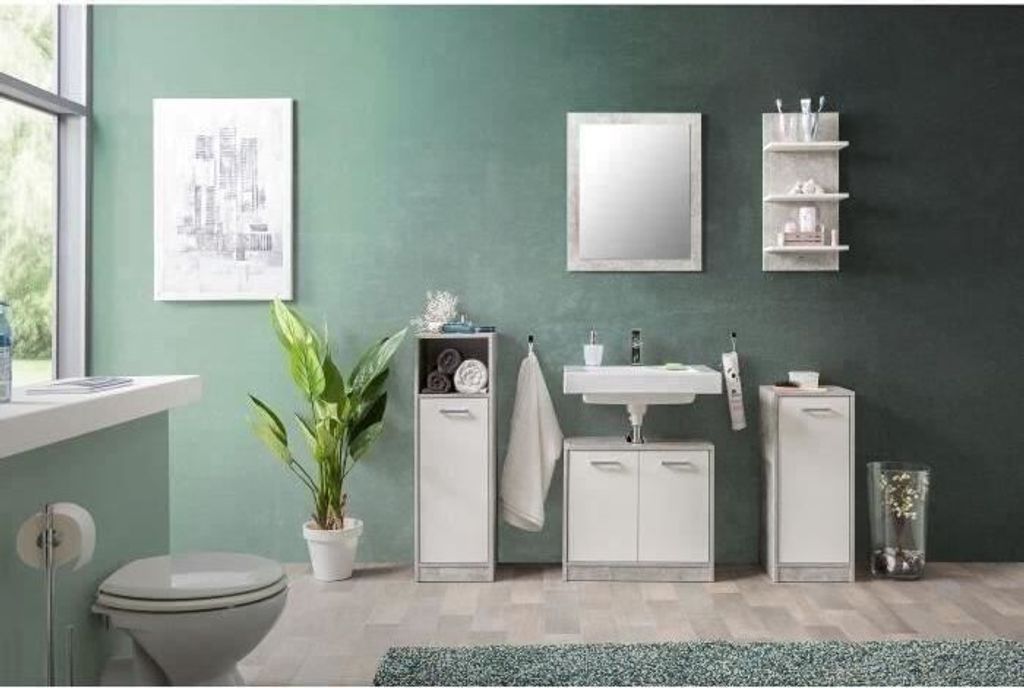 Badezimmer Set, Waschbeckenunterschrank, Regal, 2 Unterschränke, Weiß, Betongrau, Madeira