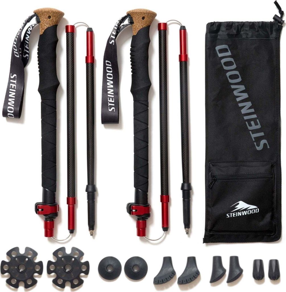 A set of trekking poles and accessories laid out on a white background.