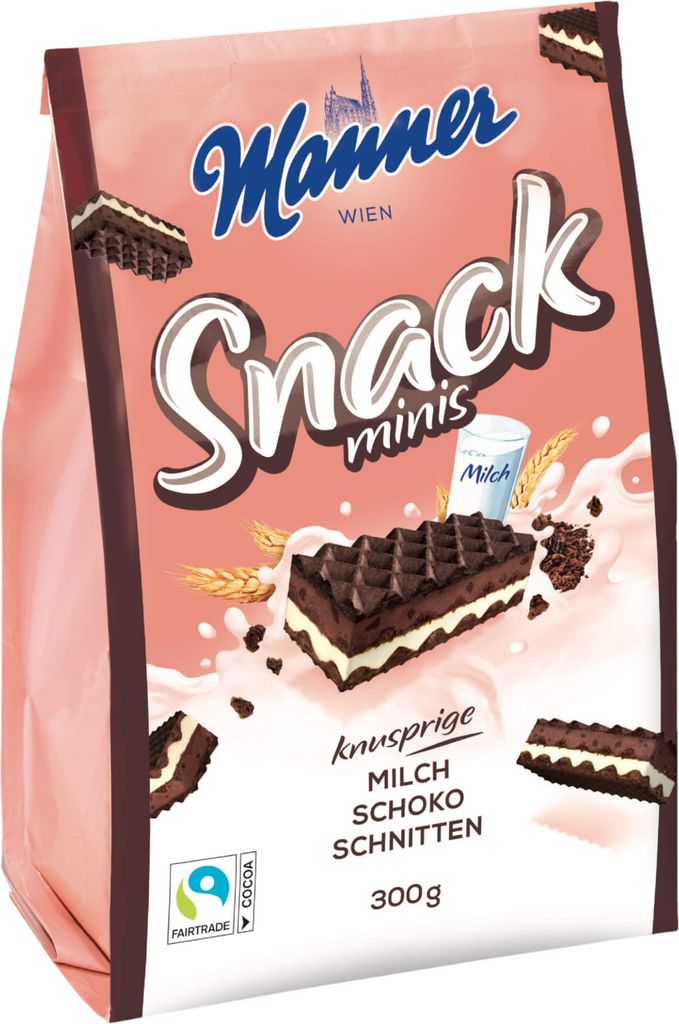 Manner Snack Minis Schoko 300g – Waffelgebäck mit Produktbild 