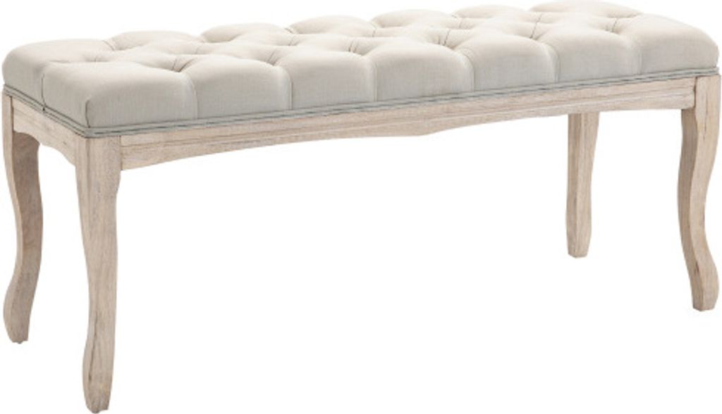 Polsterbank Vintage Bettbank fuer Schlafzimmer und Wohnzimmer, Truhenbank aus Gummiholz mit Leinenbezug in Beige, 110x40x48cm