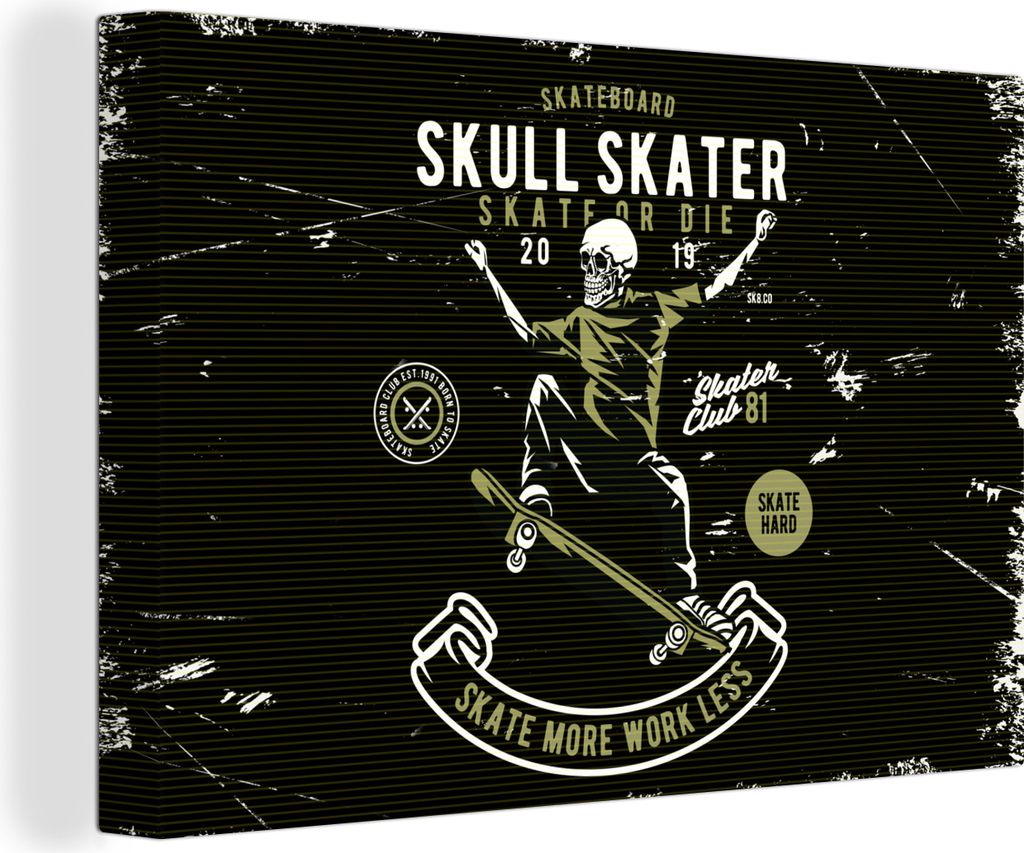 OneMillionCanvasses - Leinwandbilder - 140x90 cm, Skelett - Skateboard - Retro, Wandbilder Kunstdruck Wanddekoration