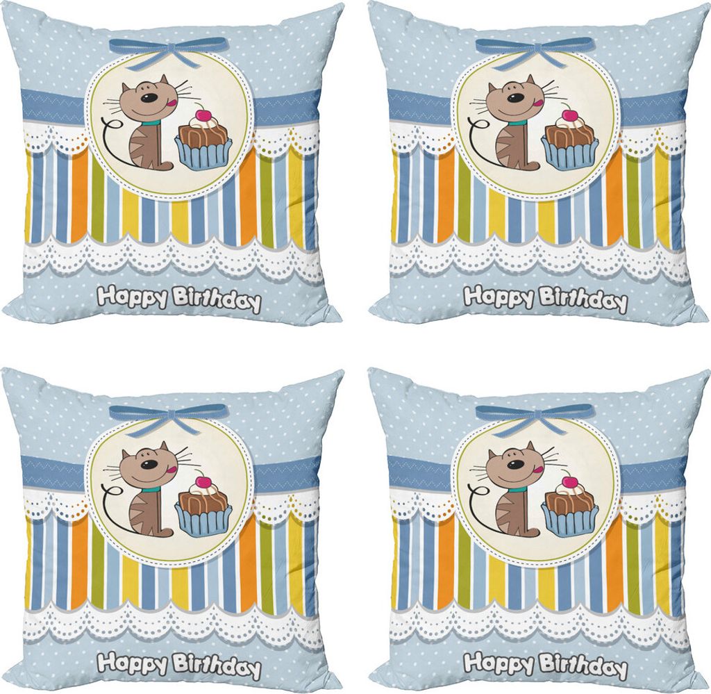 ABAKUHAUS Geburtstagsfeier Kissenbezug Set (4 Stück), Baby-Katze mit Kuchen, Moderner Doppelseitiger Digitaldruck, 45 cm x 45 cm, Baby-Blau und Weiß