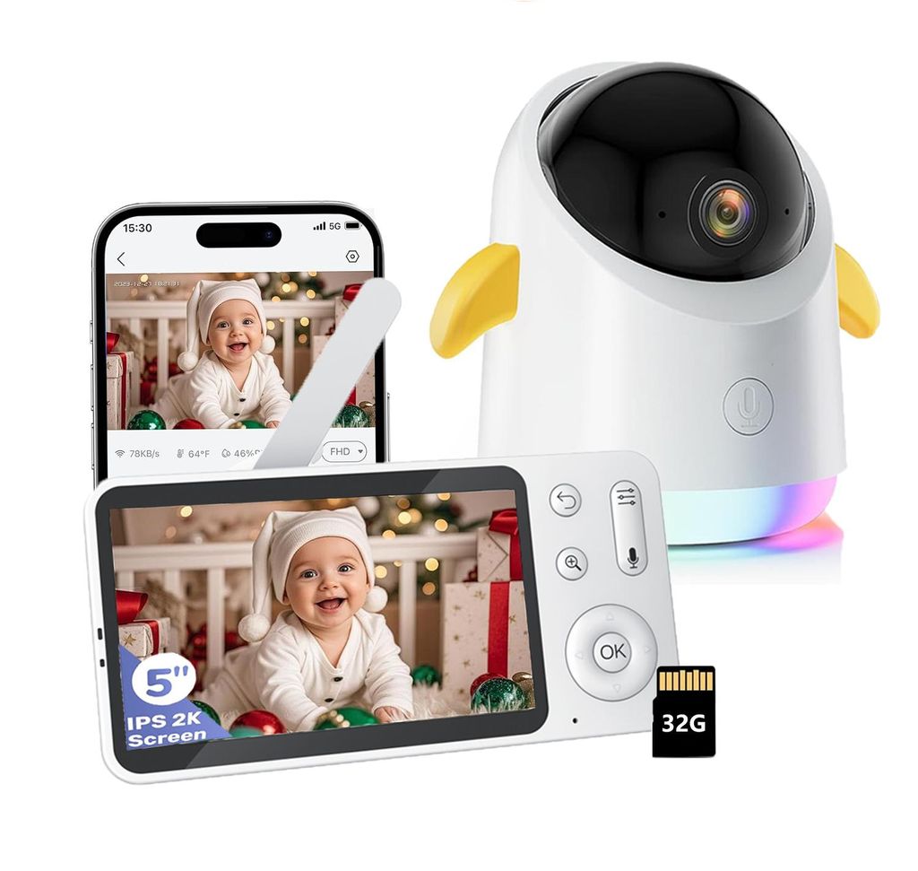 2K/3MP Babyphone mit Kamera APP 360° 5" WLAN Video Babyfone RGB/IR Nachtsicht Weinen/Bewegungs/Geräusch-Erkennung Temperaturanzeige mit 32G Karte
