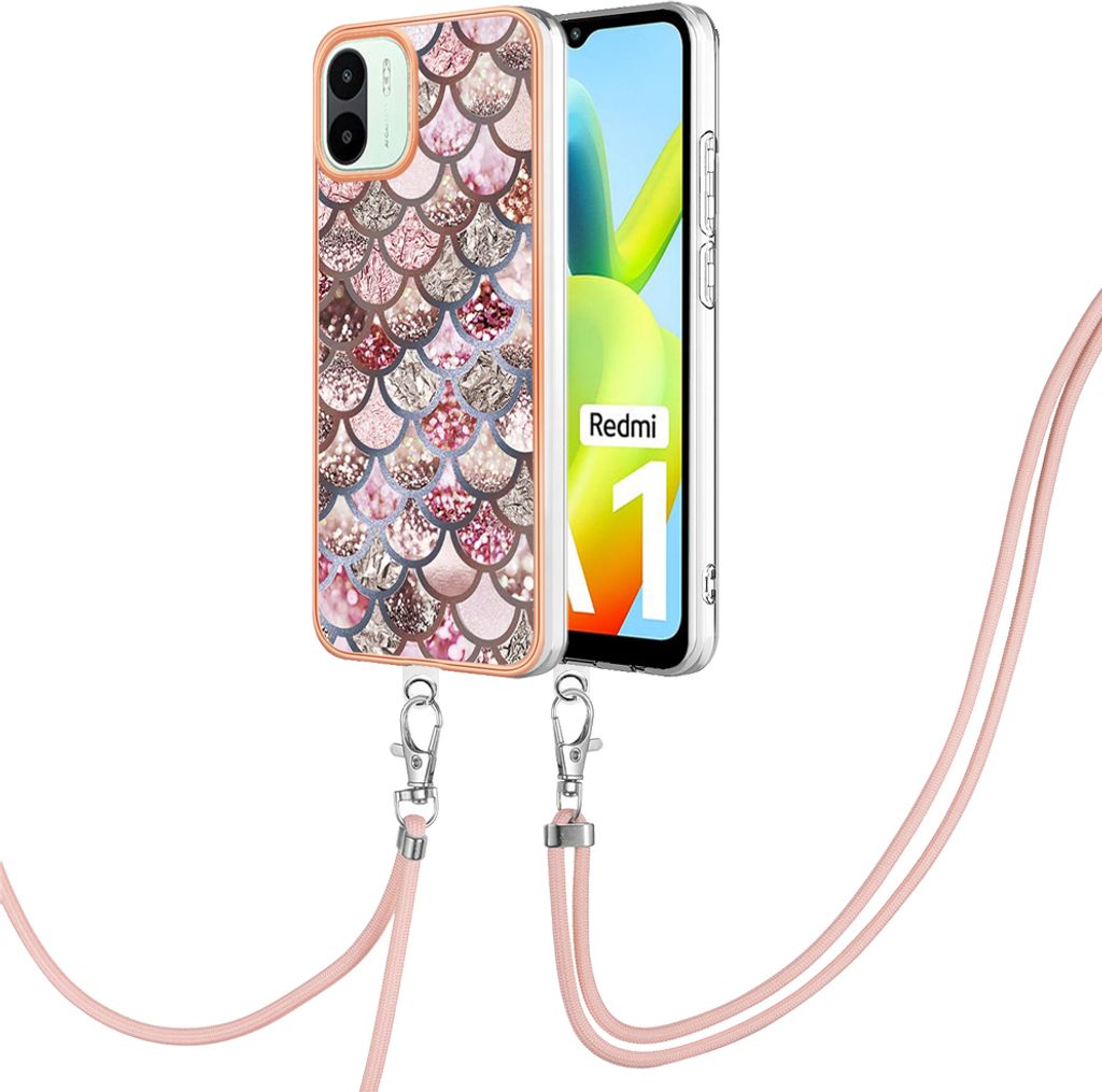 Handykette Hülle für Xiaomi Redmi A1 Muster TPU Schutzhülle mit verstellbarem Tragegurt Kaffee