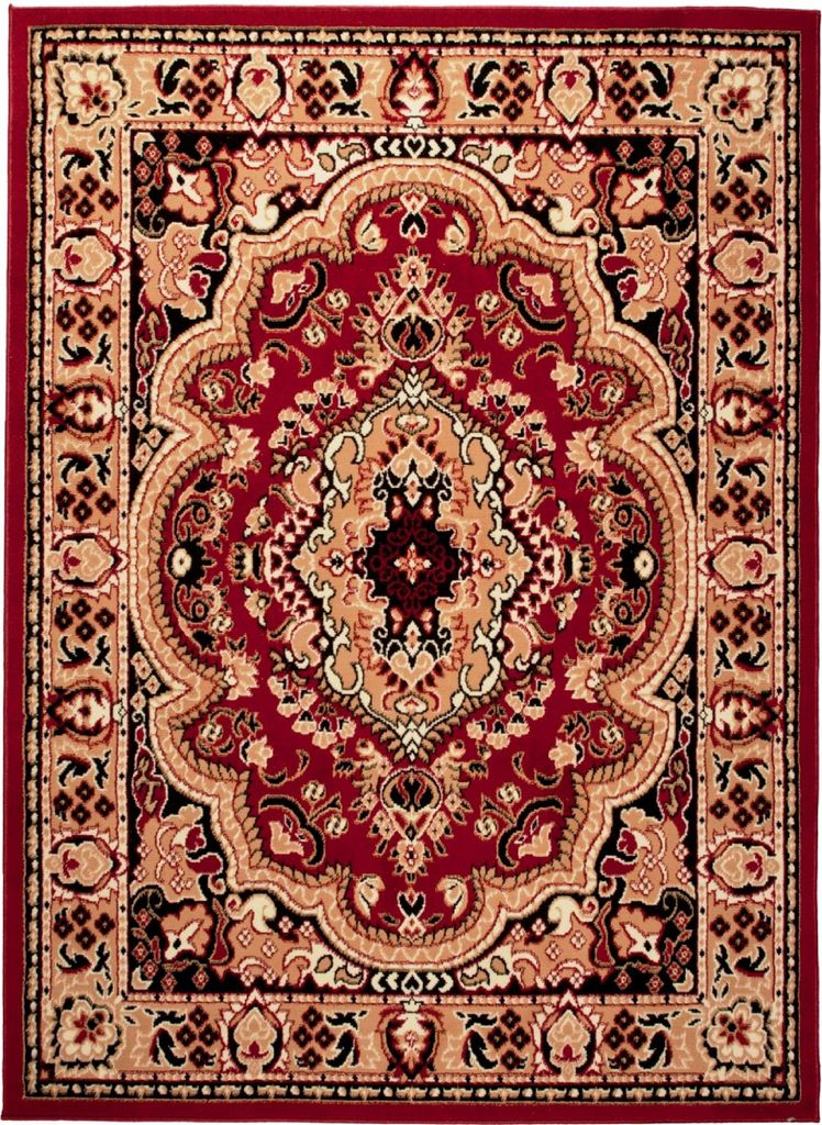 A top-down view of a rectangular rug with a traditional Persian design.